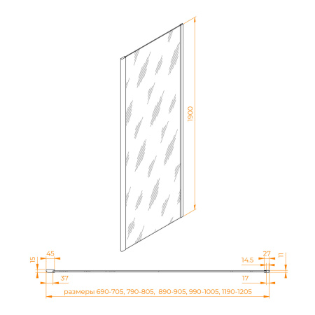 Боковая стенка RGW 352205500-11 100х190 стекло прозрачное профиль хром глянцевый