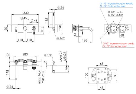 Смеситель для ванны Remer Atelier AL53D2CFP встраиваемый в стену черный