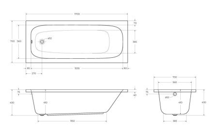 Ванна акриловая Cezares ECO ECO-170-70-41-W37 170х70 пристенная прямоугольная без ножек и каркаса