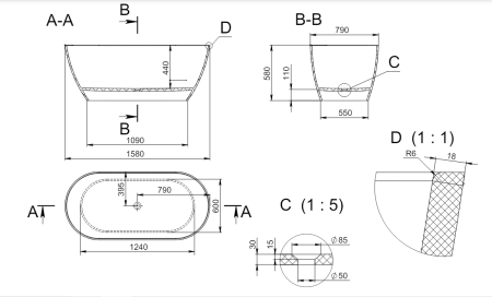 Ванна из искусственного камня Holbi VENUS NEW 1.01.002.11.1 160х80 отдельностоящая овальная