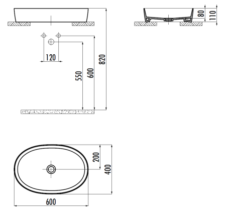 Раковина из сантехнического фарфора Creavit Loop LP160-00CB00E-0000 60х40 накладная цвет белый