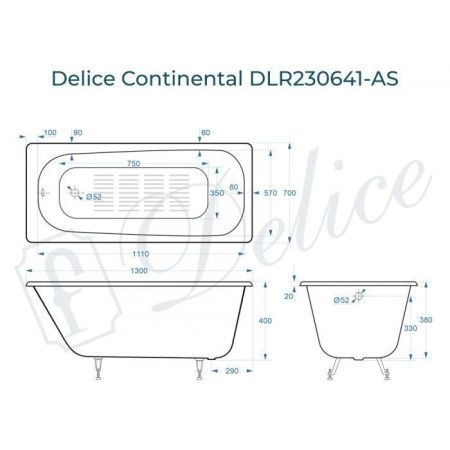 Ванна чугунная Delice Continental DLR230641-AS 130х70 пристенная прямоугольная без ножек с антискользящим покрытием