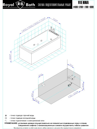Ванна акриловая гидромассажная Royal Bath VIENNA RB953203ST 170х70 пристенная прямоугольная с каркасом