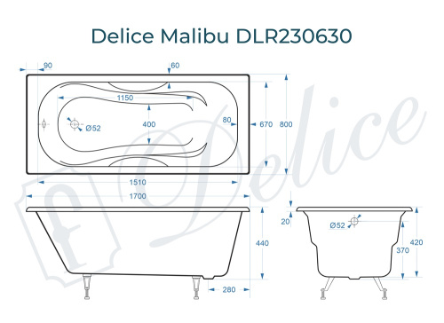 Ванна чугунная Delice Malibu DLR230630 170х80 пристенная прямоугольная без ножек - фото 3