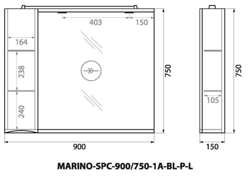 Зеркало-шкаф BelBagno Fly-Marino MARINO-SPC-900/750-1A-BL-P-L 90x75 - фото 2
