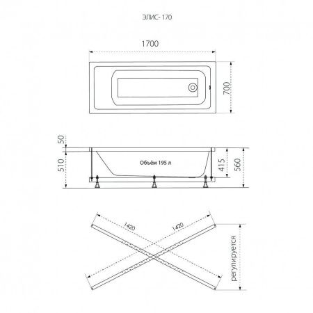 Ванна акриловая Тритон Элис Щ0000066028 170х70 пристенная прямоугольная без ножек и каркаса