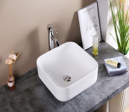 Раковина из сантехнического фаянса CeramaLux D1303 40х40 накладная цвет белый без отверстий под смеситель