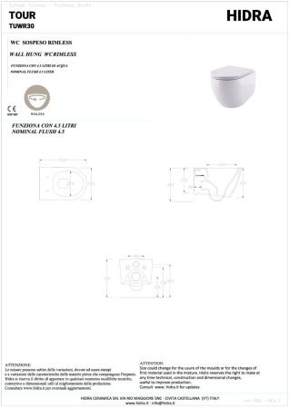 Чаша унитаза подвесная Hidra Tour TUWR30/006 цвет белый без сиденья безободковый