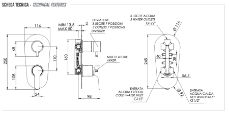Смеситель для душа Remer Winner W937 встраиваемый в стену хром