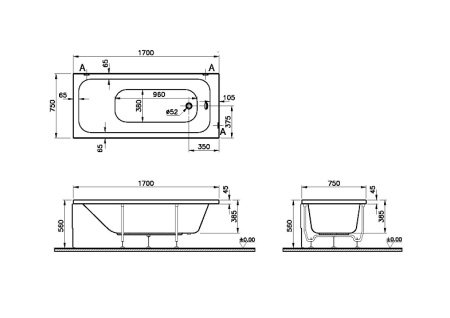Ванна акриловая Vitra Optimum Neo 64570001000 170х75 пристенная прямоугольная без ножек