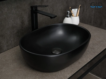 Раковина керамическая Gid Lago 53370 50х40 накладная цвет черный без отверстий под смеситель