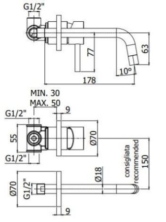 Смеситель для раковины Paffoni Light LIG006HG70 встраиваемый в стену золото