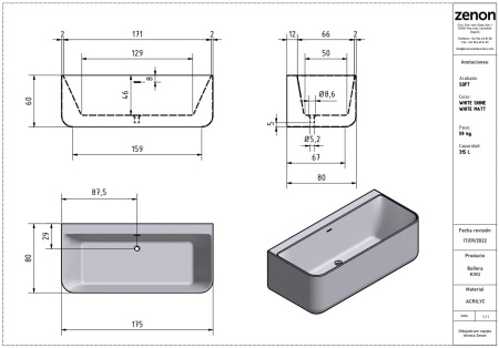 Ванна акриловая Zenon Kivu Wall 4000.000.000.000.23348 175х80 пристенная прямоугольная
