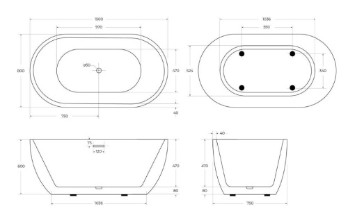 Ванна акриловая BelBagno BB70-1500-800 150х80 отдельностоящая овальная - фото 2