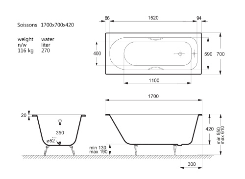 Ванна чугунная Vinsent Veron Soissons VCN1707042H/VH0015BR 170х70 пристенная прямоугольная с ножками с ручками - фото 5