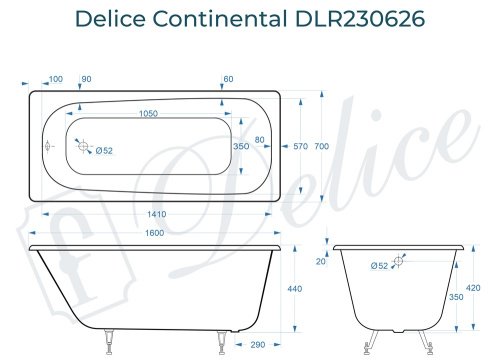 Ванна чугунная Delice Continental DLR230626 160х70 пристенная прямоугольная без ножек - фото 3
