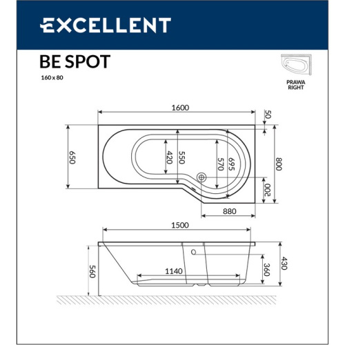 Ванна гидромассажная Excellent BE SPOT WAEX.BSP16.SOFT.CR 160х80  асимметричная - фото 3