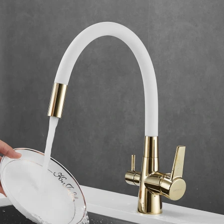 Смеситель для кухни Shevanik S668E на мойку белый/золото