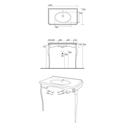 Консоль с раковиной Kerasan Retro 1049K0 bi*3 cr legs 100х60 напольная цвет хром