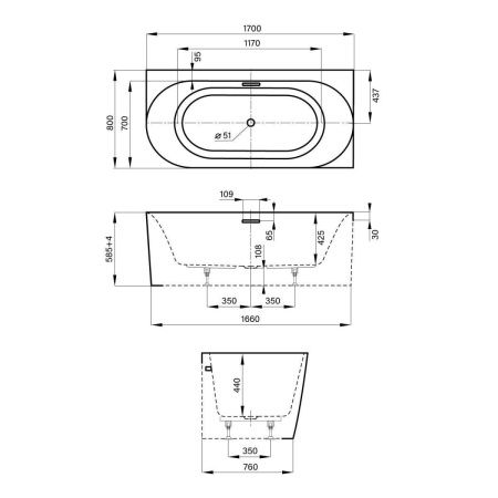 Ванна акриловая Wellsee Collaro 289105000 170х80 пристенная асимметричная с ножками