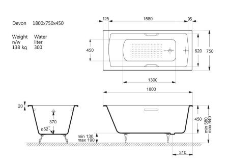 Ванна чугунная Vinsent Veron Devon VDV1807545H/VH0012GD-AS 180х75 пристенная прямоугольная с ножками с ручками