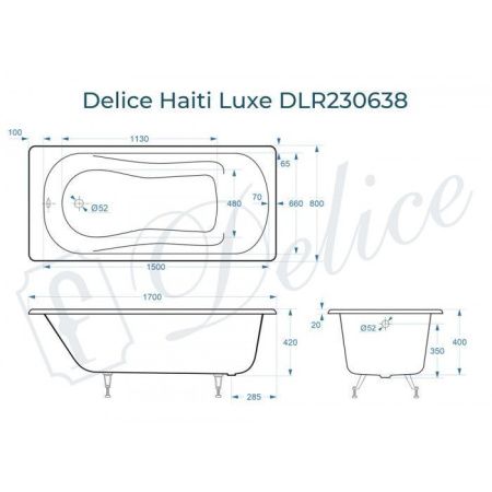 Ванна чугунная Delice Haiti Luxe DLR230638 170х80 пристенная прямоугольная без ножек