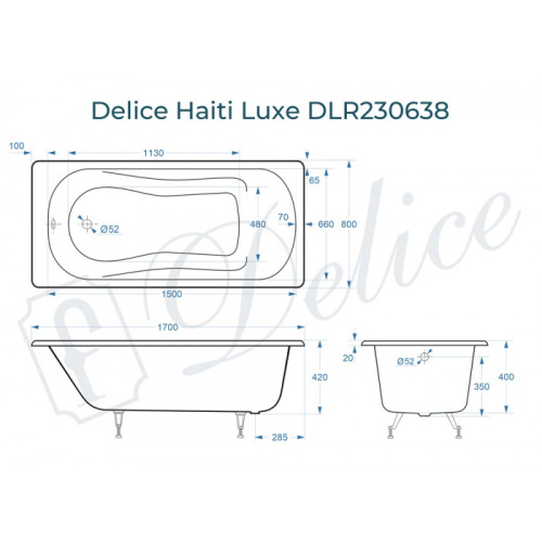 Ванна чугунная Delice Haiti Luxe DLR230638 170х80 пристенная прямоугольная - фото 2