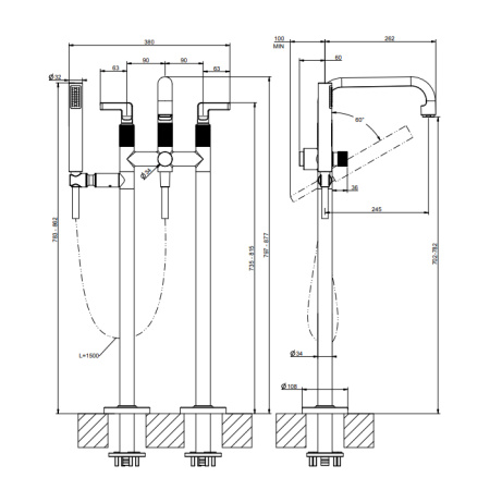 Смеситель для ванны Gessi Inciso 58029#246 напольный золото (внешняя часть)
