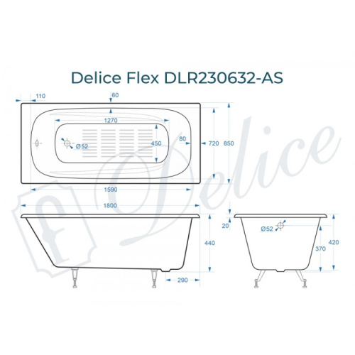 Ванна чугунная Delice Flex DLR230632-AS 180х85 пристенная прямоугольная - фото 2