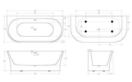 Ванна акриловая BelBagno BB711-1700-750 170х75 пристенная овальная с ножками