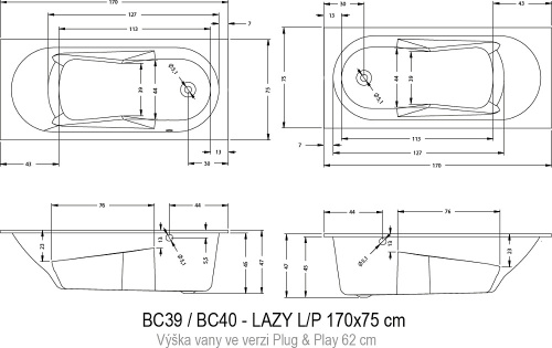 Ванна акриловая Riho LAZY B079001005 170х75 пристенная прямоугольная - фото 2