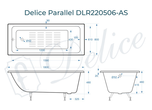 Ванна чугунная Delice Parallel DLR220506-AS 180х80 пристенная прямоугольная без ножек с антискользящим покрытием - фото 3