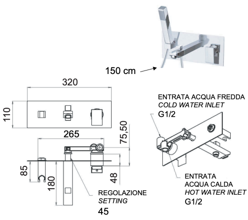 Смеситель для ванны Remer Q-Design QD04 встраиваемый в стену хром - фото 2