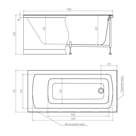 Ванна акриловая Timo RITTA RITTA1570-KT15-SPV1505-FP15H 150х70 пристенная прямоугольная с каркасом