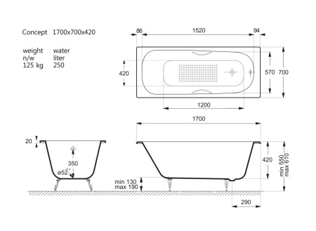 Ванна чугунная Vinsent Veron Concept VCO1707042H/VH0015CH-AS 170х70 пристенная прямоугольная с ножками с ручками