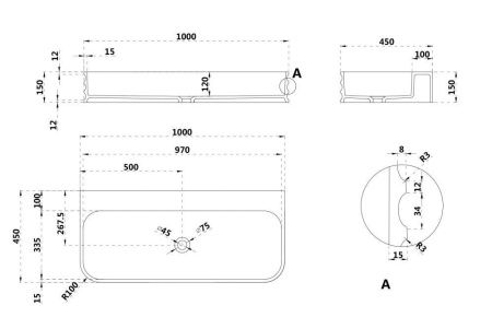 Раковина из искусственного камня Abber STEIN AS2651-1.0 100х50 подвесная цвет белый без отверстий под смеситель