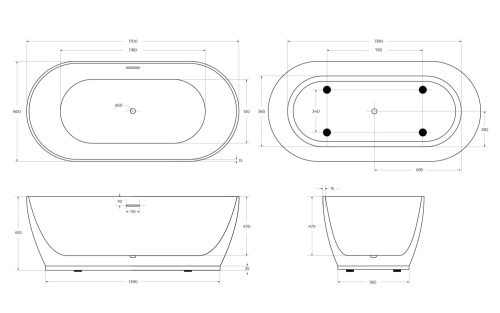 Ванна акриловая BelBagno BB413-1700-800-MATT 170х80 отдельностоящая овальная - фото 4