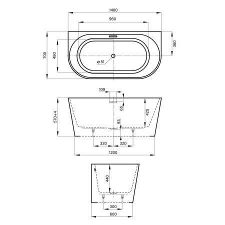 Ванна акриловая Wellsee Excellence Pro 287601000 140х70 пристенная асимметричная с ножками