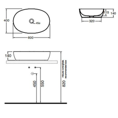 Раковина из сантехнического фаянса Azzurra ELEGANCE ELLA060400C0BI/(ECI60 bi*0) 60х40 накладная цвет белый без отверстий под смеситель