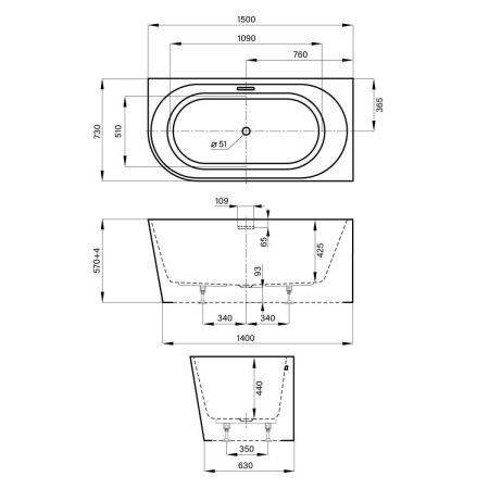 Ванна акриловая Wellsee Excellence Pro 287610000 150х75 пристенная асимметричная с ножками