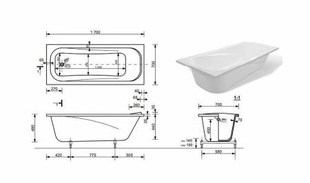 Ванна из литьевго мрамора Taliente Bolseno BL17070 170х70 пристенная прямоугольная без ножек и каркаса