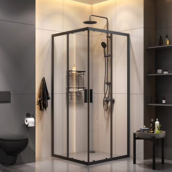 Комплект душевого уголка с душевой системой и аксессуарами Am.Pm Gem S WK93EP стекло прозрачное профиль черный матовый без поддона