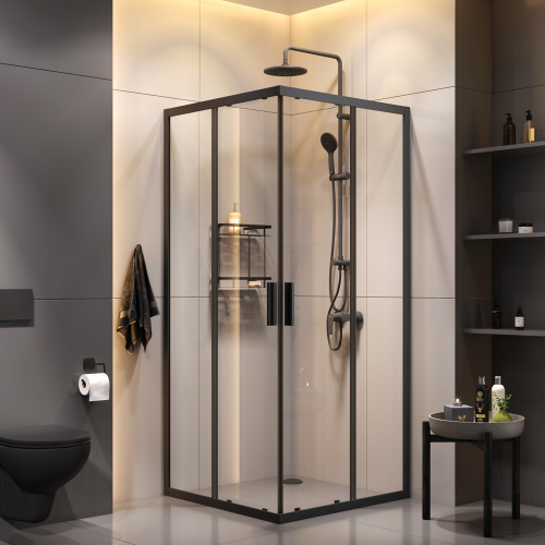 Комплект душевого уголка с душевой системой и аксессуарами Am.Pm Gem S WK93EP стекло прозрачное профиль черный матовый без поддона