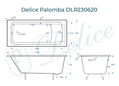Ванна чугунная Delice Palomba DLR230620 170х70 пристенная прямоугольная без ножек - фото 3