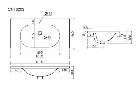 Раковина из сантехнического фарфора Ceramica Nova SABO CN13003 100х50 накладная цвет белый 1 отверстие под смеситель