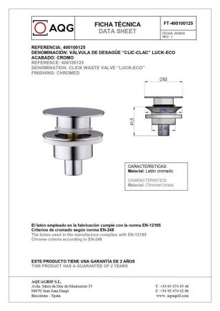 Донный клапан AQG Донные клапаны 400100125 хром