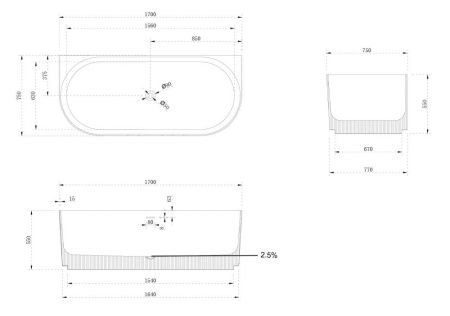 Ванна из искусственного камня Abber Stein AS9630 170х75 пристенная овальная с ножками