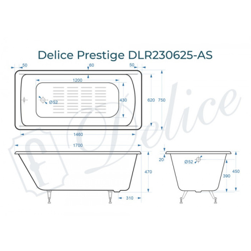 Ванна чугунная Delice Prestige DLR230625-AS 170х75 пристенная прямоугольная - фото 2