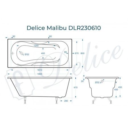 Ванна чугунная Delice Malibu DLR230610 180х80 пристенная прямоугольная без ножек
