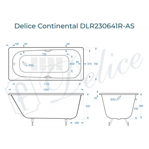Ванна чугунная Delice Continental DLR230641R-AS 130х70 пристенная прямоугольная без ножек с отверстиями под ручки - фото 2 Ванна чугунная Delice Continental DLR230641R-AS 130х70 пристенная прямоугольная без ножек с отверстиями под ручки - фото 2